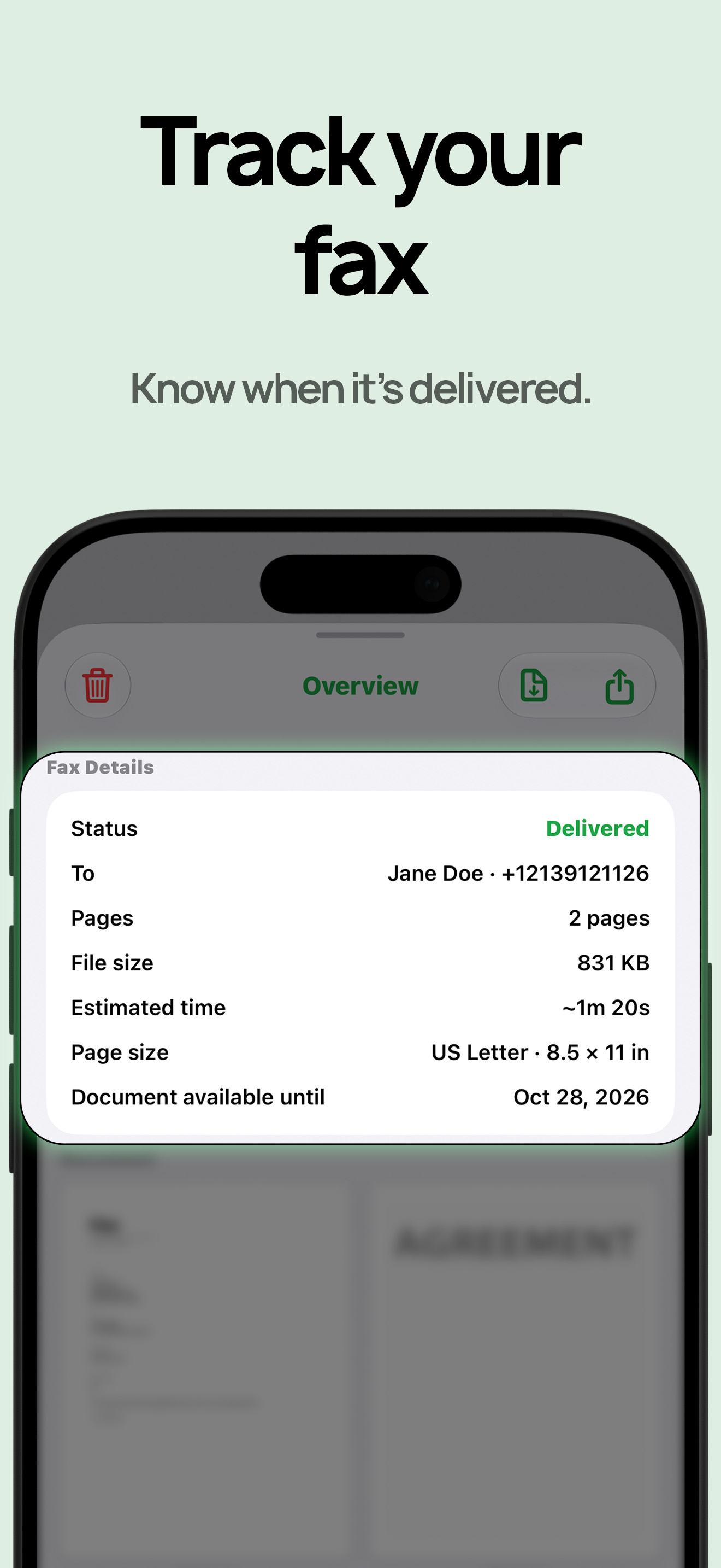 FaxQuik sent fax status screen showing delivery confirmation and transmission time