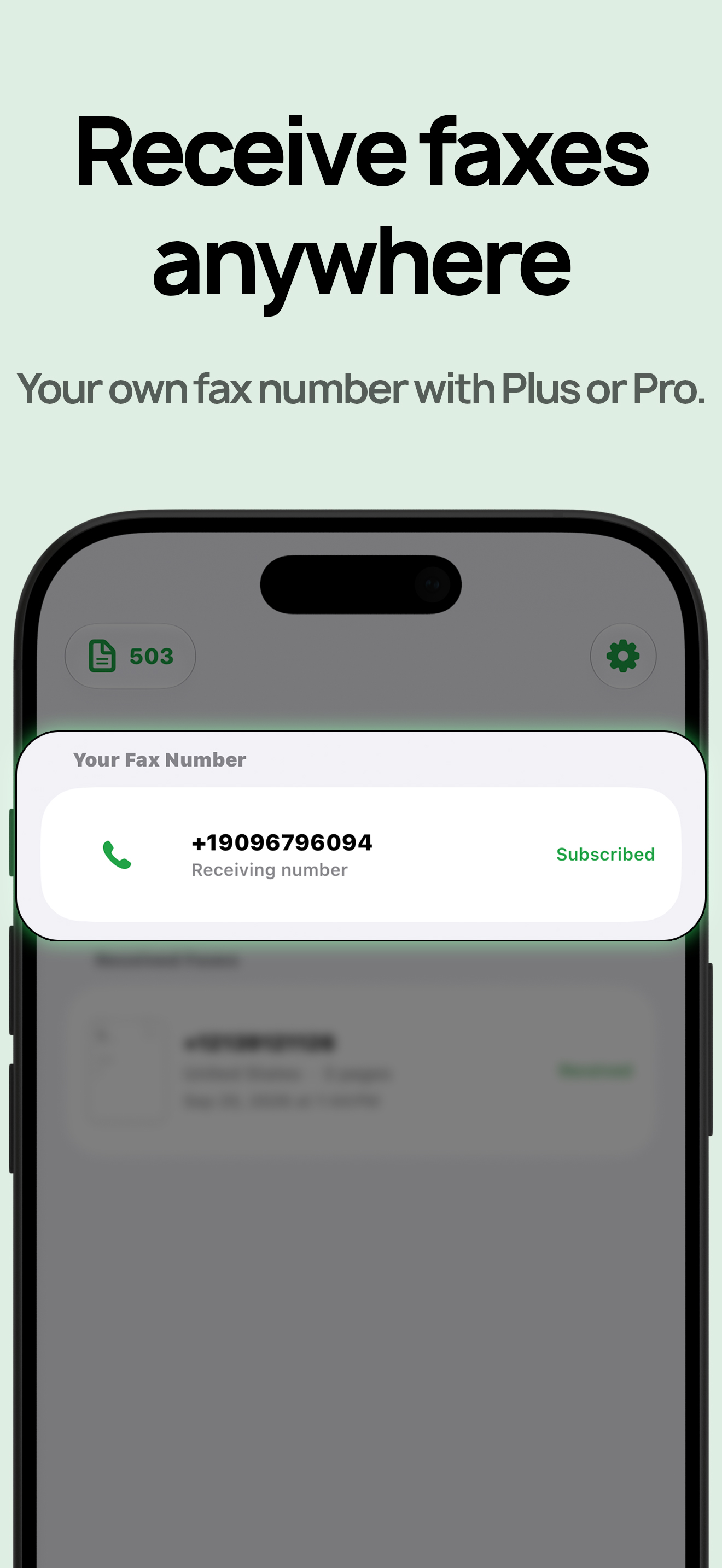 FaxQuik inbox screen for receiving faxes online with a fax number