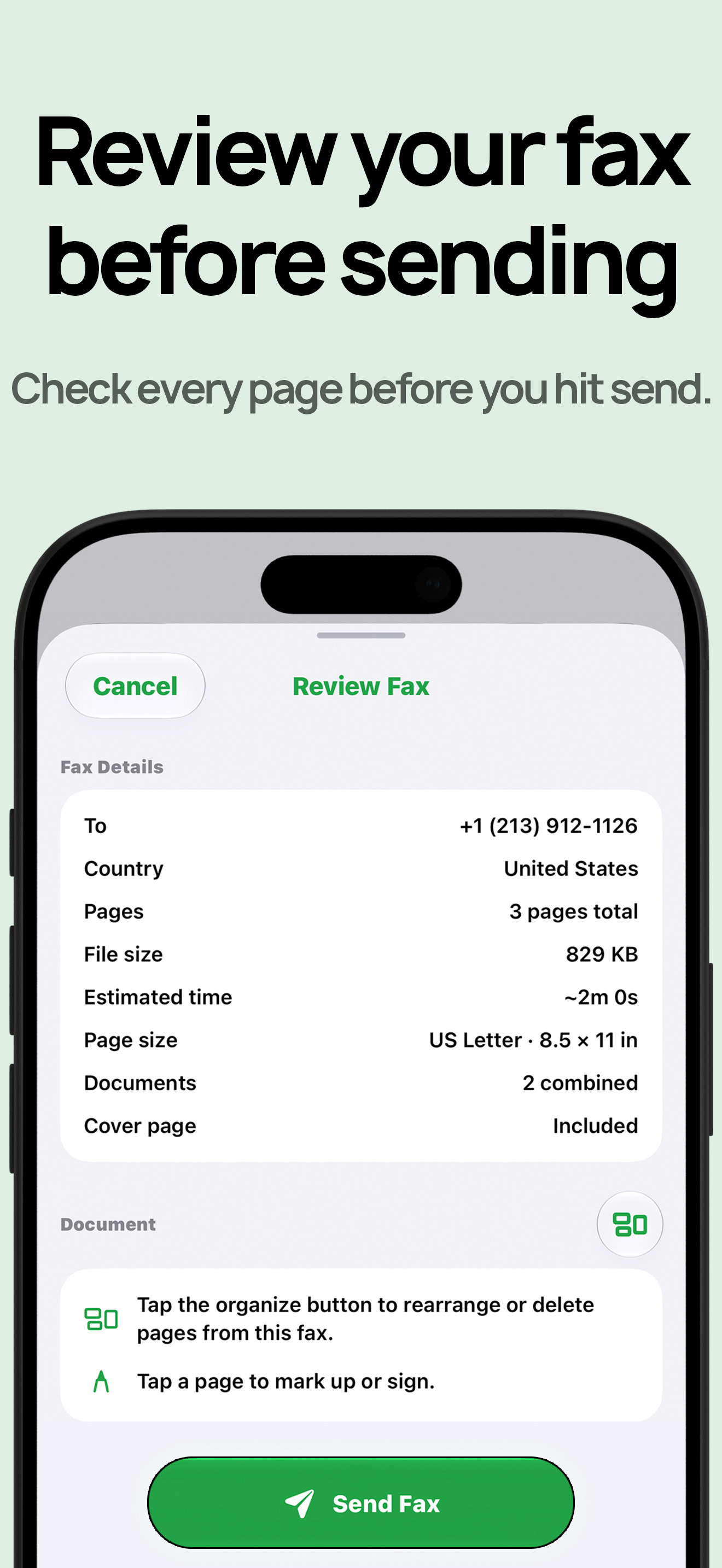 FaxQuik review screen for checking fax pages before sending