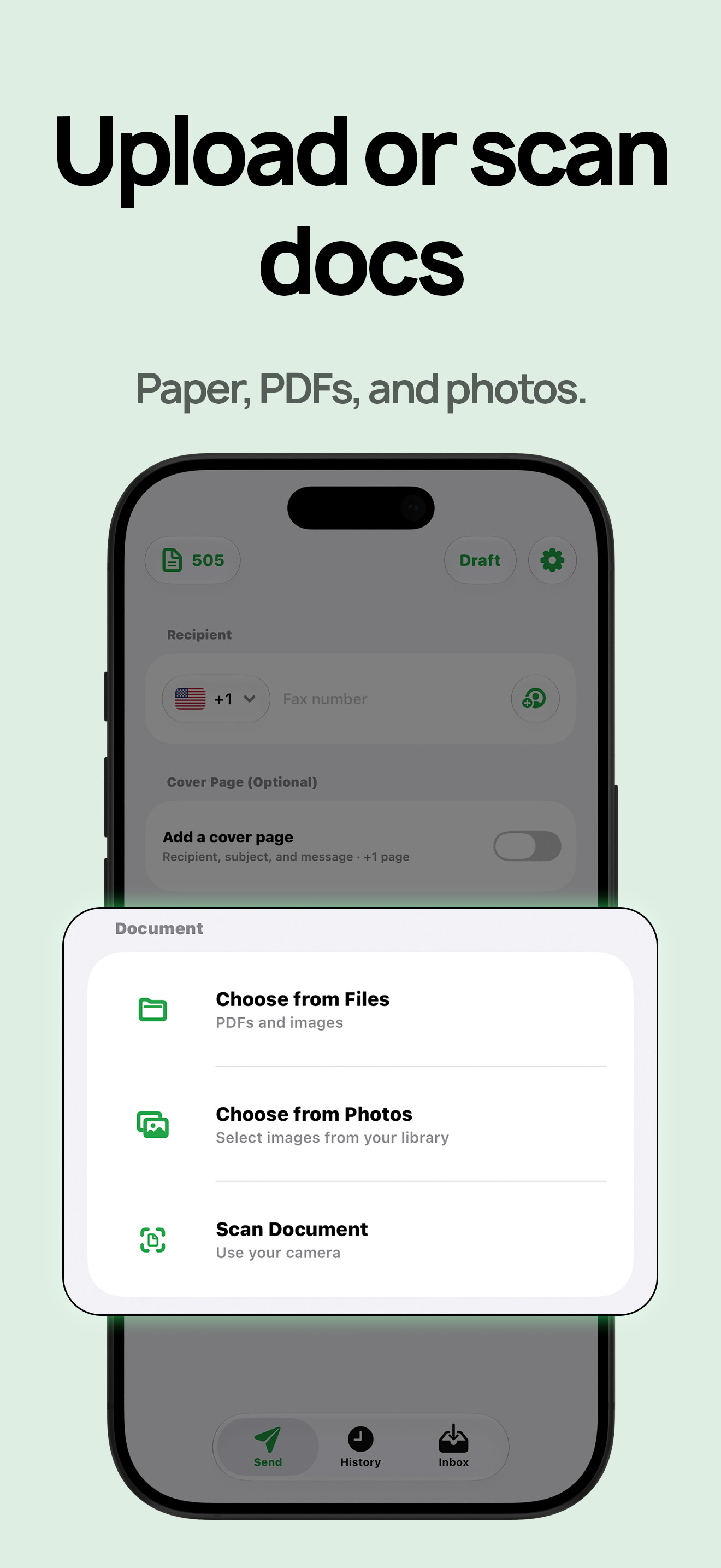 FaxQuik document picker for scanning paper documents, PDFs, and photos to fax
