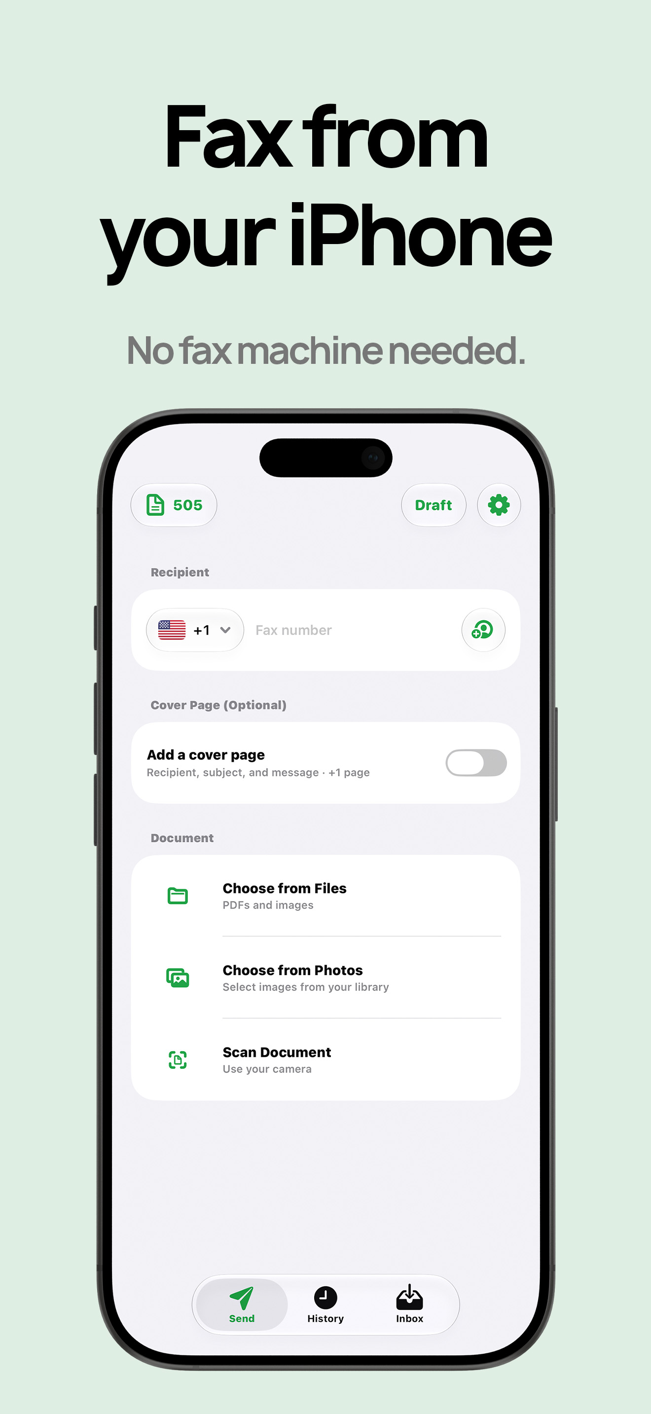 FaxQuik iPhone app screen for sending a fax without a fax machine